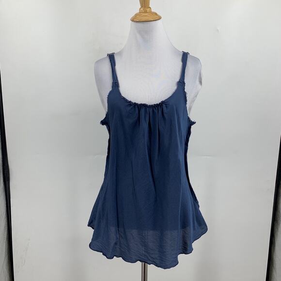 Brazeau Tricot Top Womens 3 Blue Silk Blend Adjust Strap Sheer Distressed Trim - Picture 2 of 10